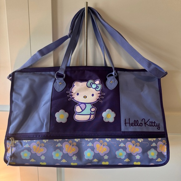 Hello Kitty Duffle Bag Purple & Blue Butterfly Flowers Travel Weekend Carry On